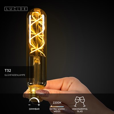 Lucide T32 - Glühfadenlampe - Ø 3 cm - LED Dim. - E27 - 1x4,9W 2200K - Amber